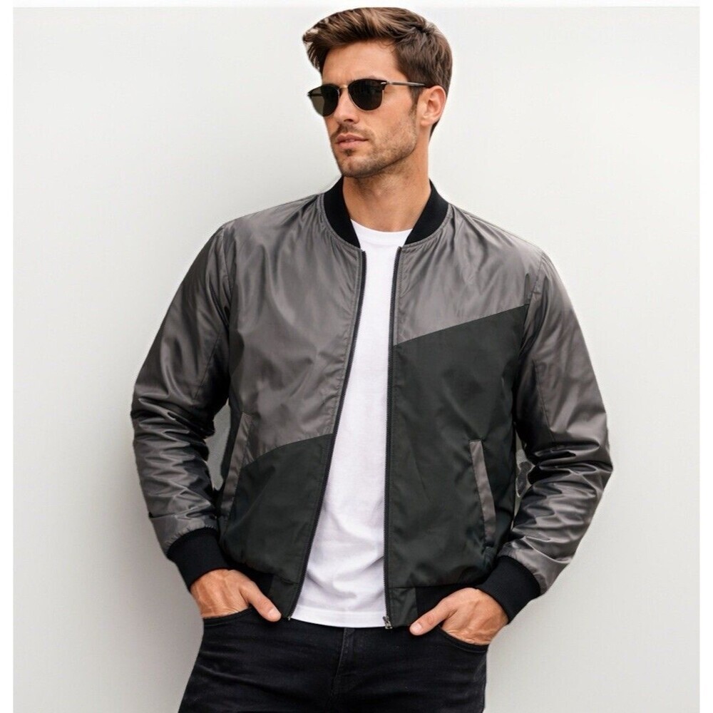 Sean John Bomber Jacket Men 2XL Gray Black Colorblock Zip Lightweight